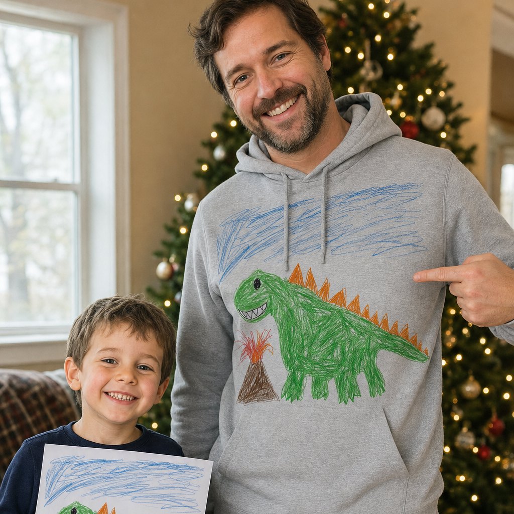 Dad in a grey hoodie printed with his son's dinosaur drawing