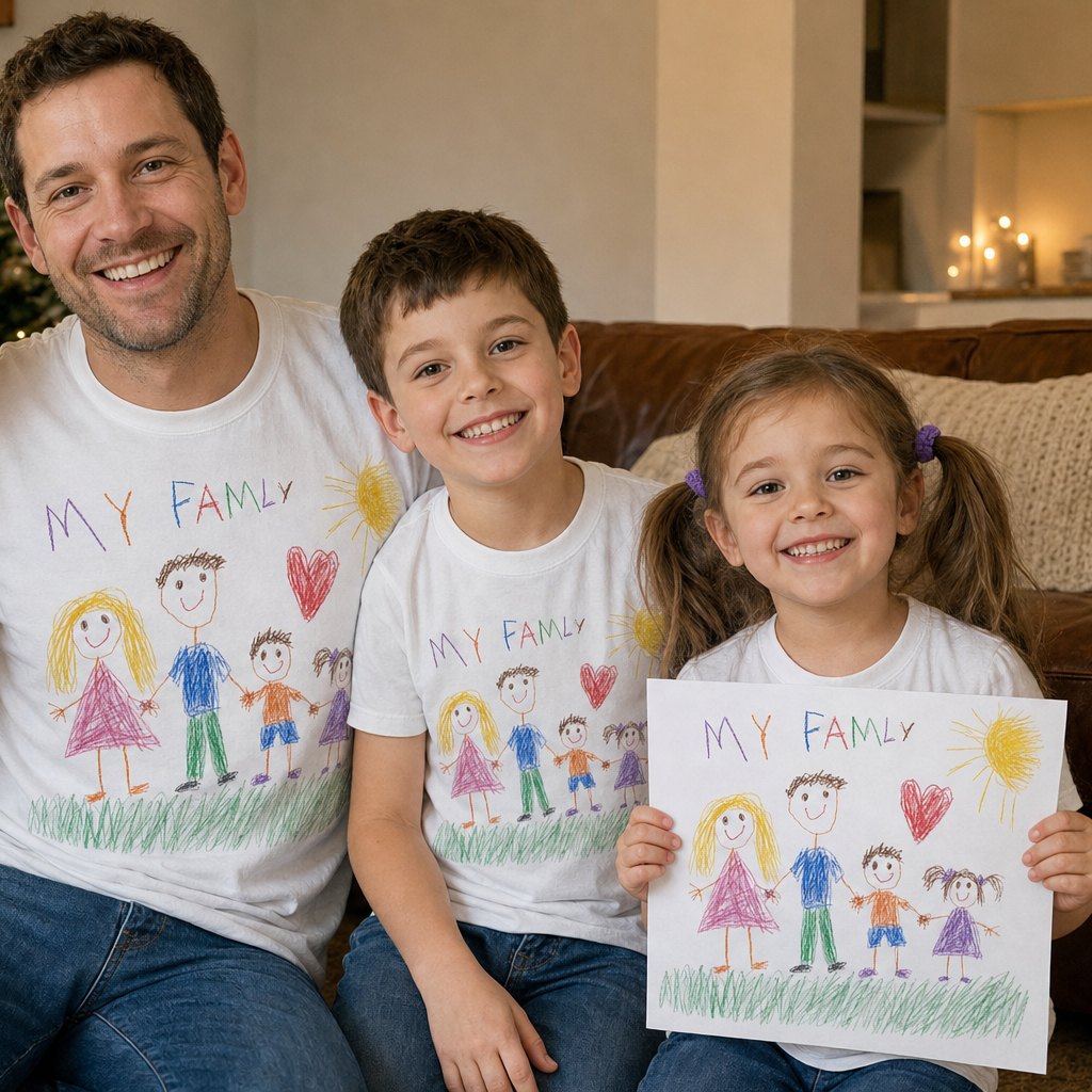 Dad and kids in matching tees printed with their kid's family drawing