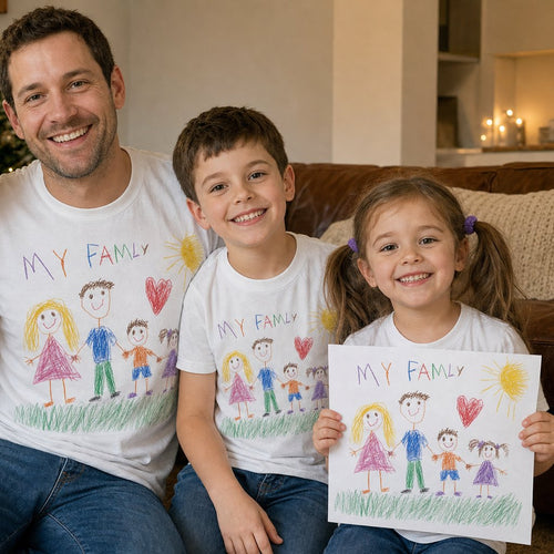 Dad and kids in matching tees printed with their kid's family drawing