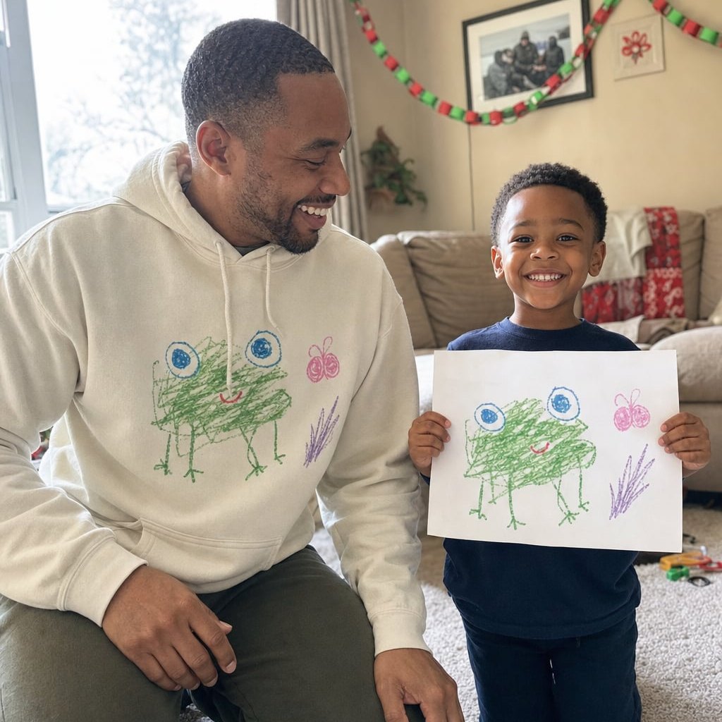 Dad in a sand hoodie printed with a kid's frog drawing, next to the paper original