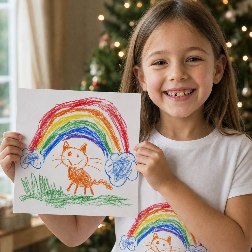 Girl in a tee printed with her own cat and rainbow drawing