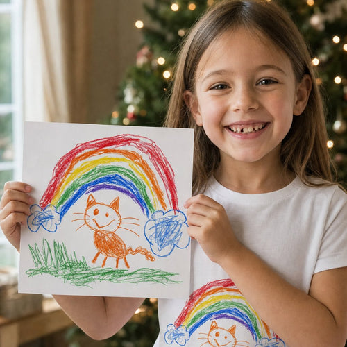 Girl in a tee printed with her own cat and rainbow drawing