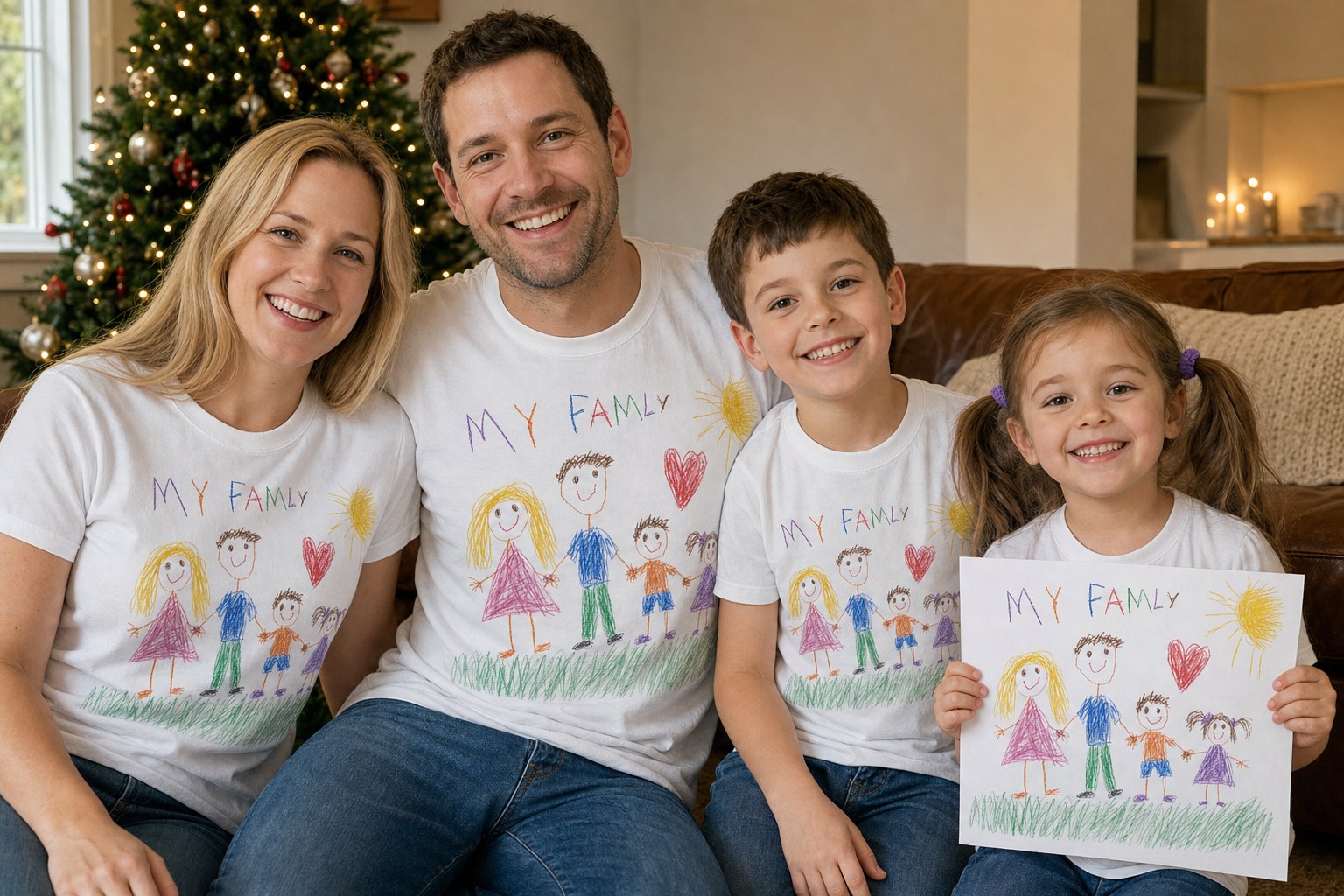Family in matching tees printed with their kid's drawing