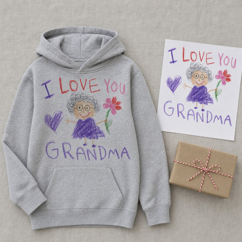 Kid's drawing next to the hoodie it was printed on