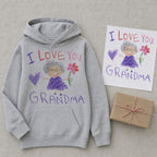 Kid's drawing next to the hoodie it was printed on