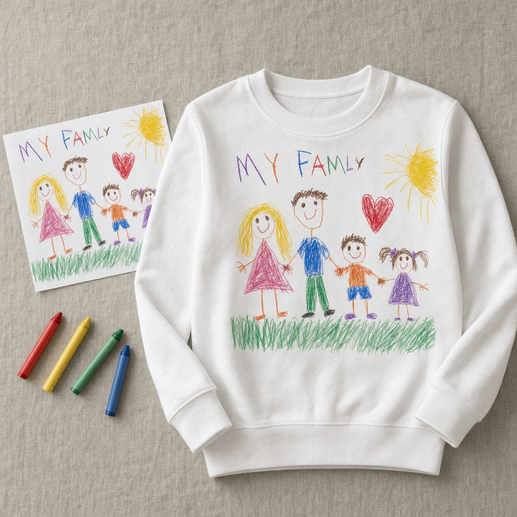 Child's family drawing next to the sweatshirt it was printed on