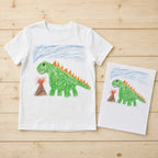 Kid's drawing next to the tee it was printed on