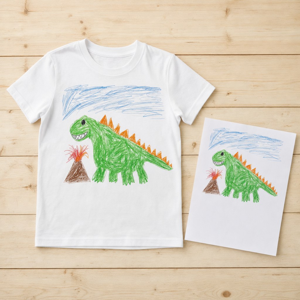 Kid's drawing next to the tee it was printed on