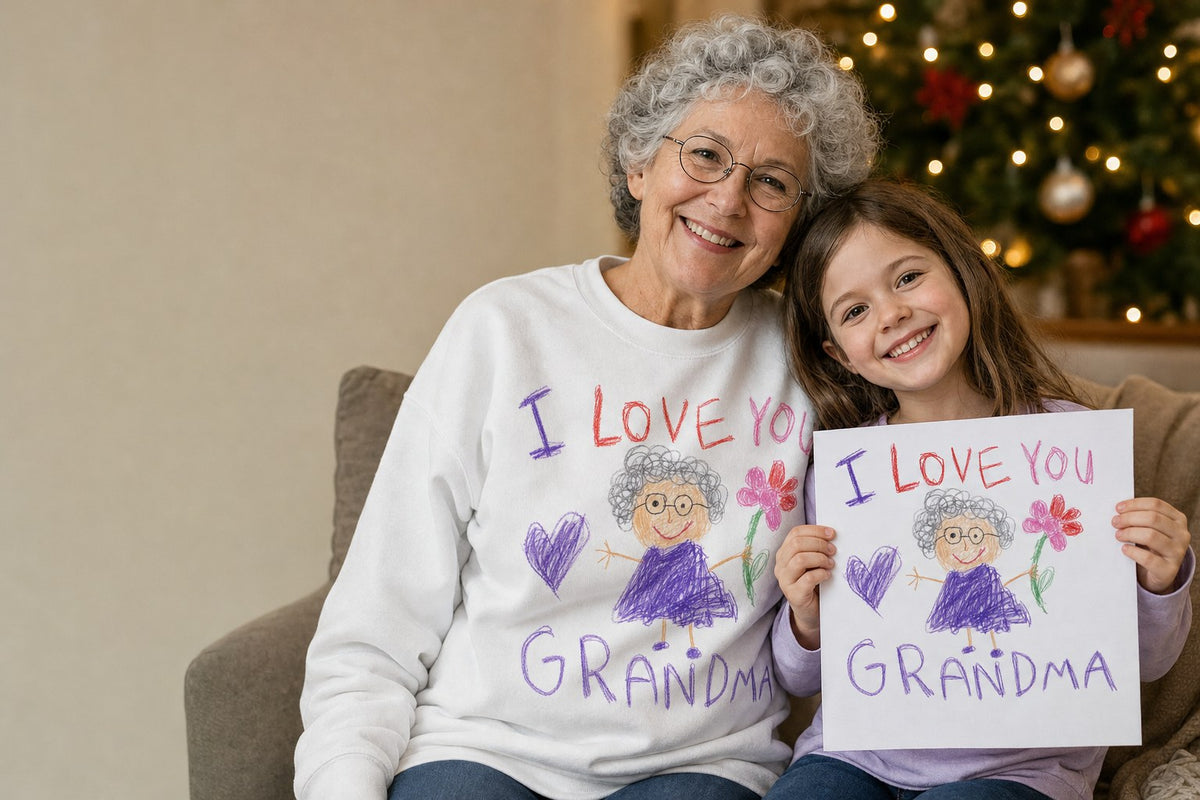 Grandma in a sweatshirt printed with her granddaughter's drawing