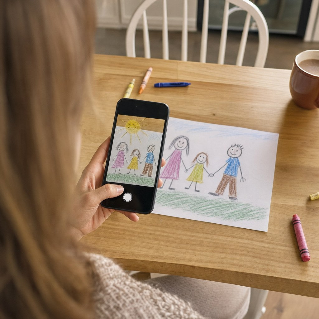 Parent taking a phone photo of a child's drawing