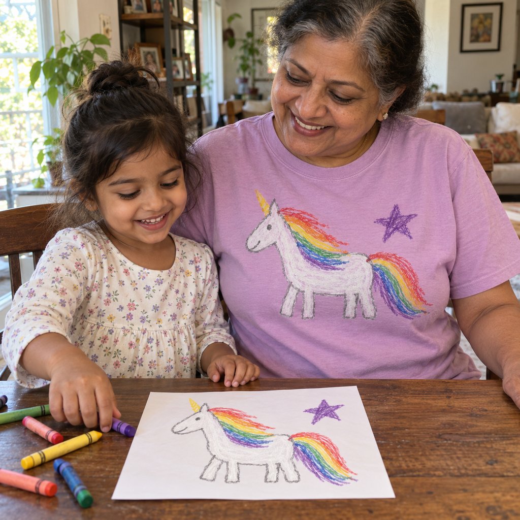 Grandma in an orchid premium tee printed with her granddaughter's unicorn drawing, next to the paper original