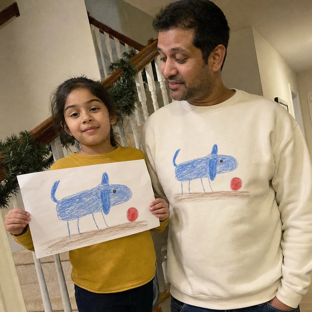 Dad in a sand sweatshirt printed with a kid's blue dog drawing, next to the paper original