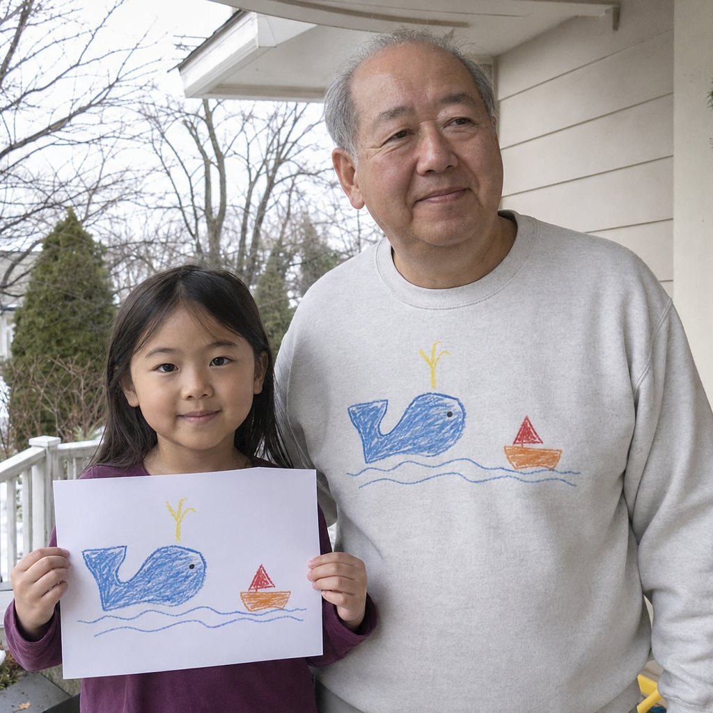 Grandpa in an ash sweatshirt printed with a kid's whale drawing, next to the paper original