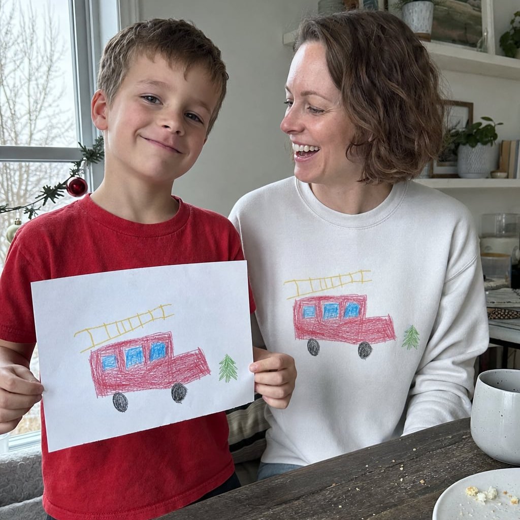 Mom in a white sweatshirt printed with a kid's fire truck drawing, next to the paper original