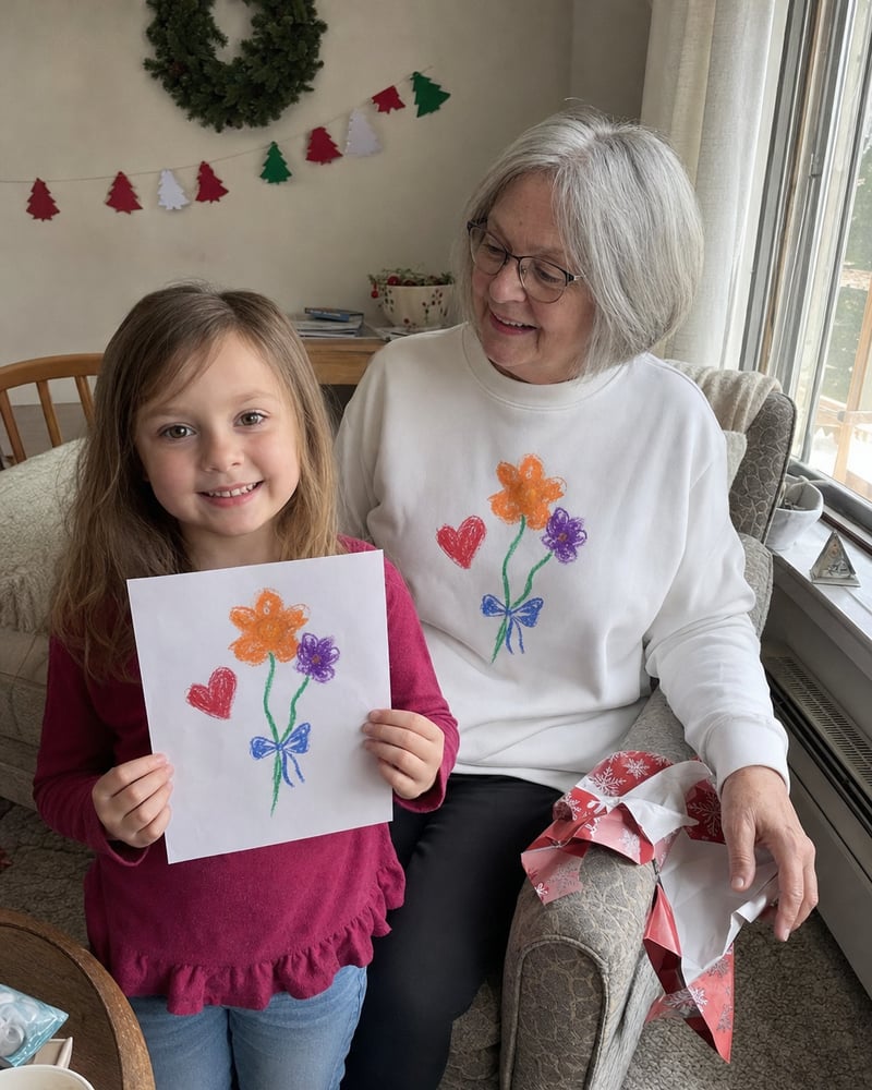 Grandma in a white sweatshirt printed with a kid's flower drawing, next to the paper original
