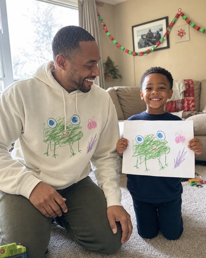 Dad in a sand hoodie printed with a kid's frog drawing, next to the paper original
