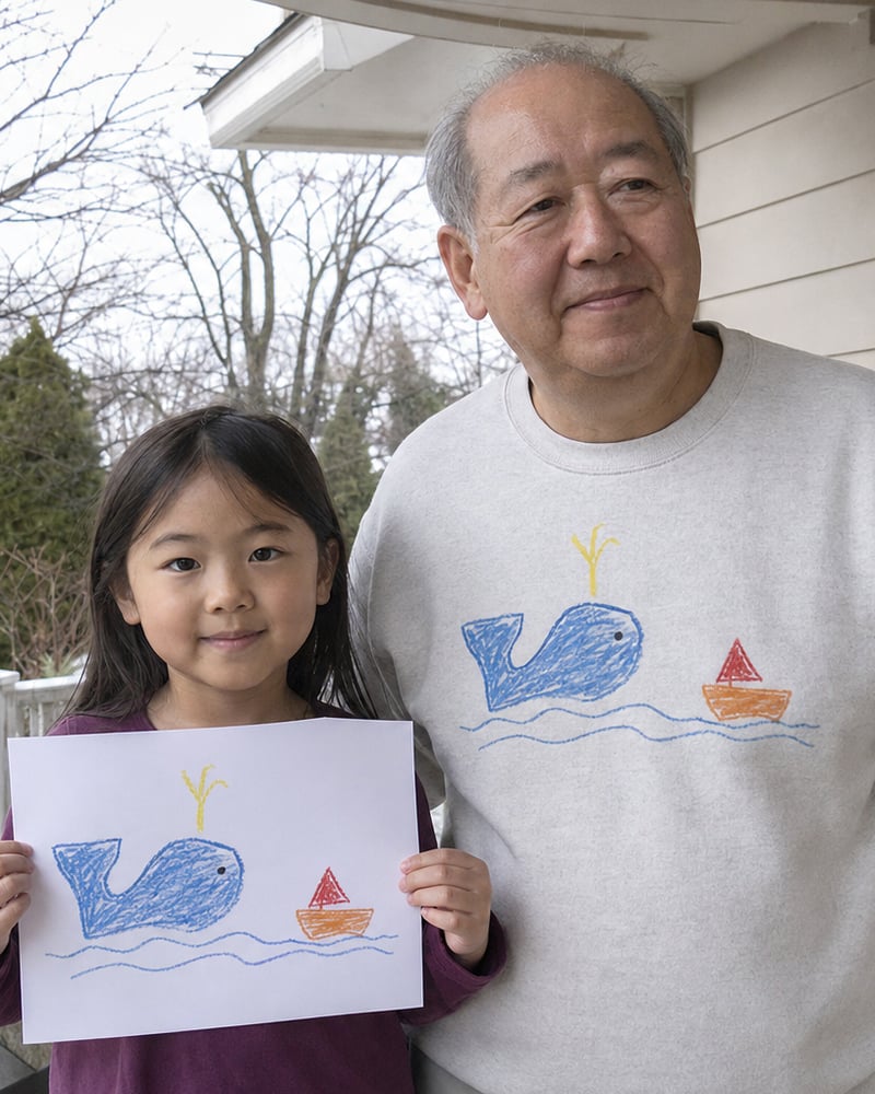 Grandpa in an ash sweatshirt printed with a kid's whale drawing, next to the paper original