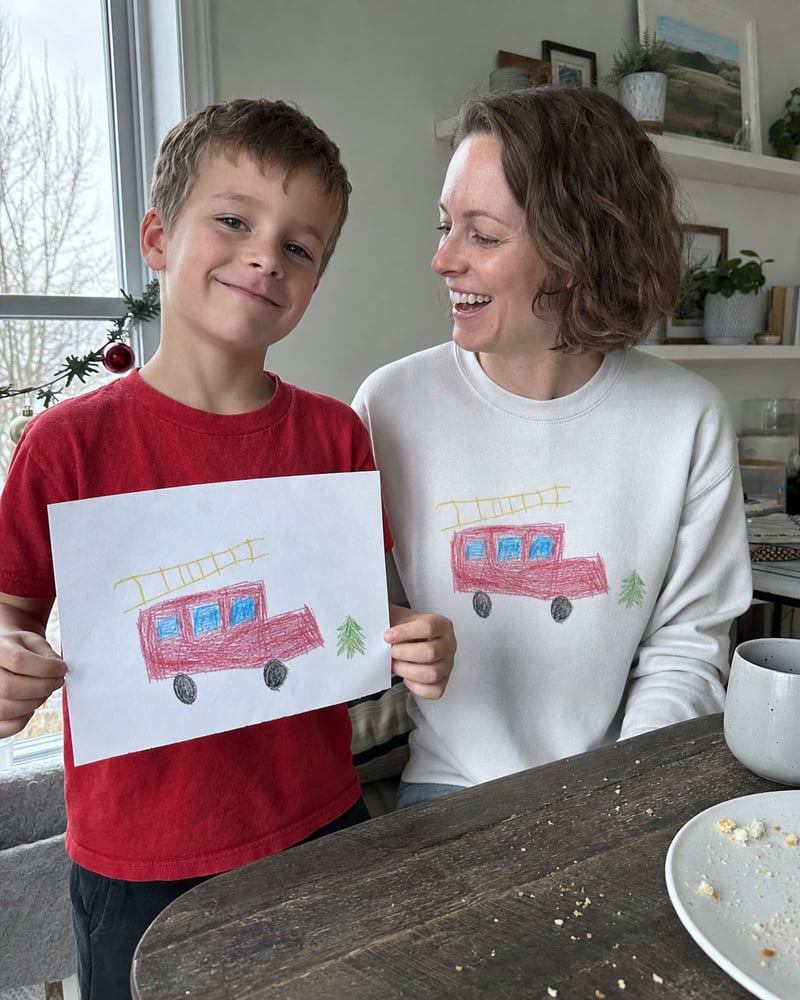 Mom in a white sweatshirt printed with a kid's fire truck drawing, next to the paper original