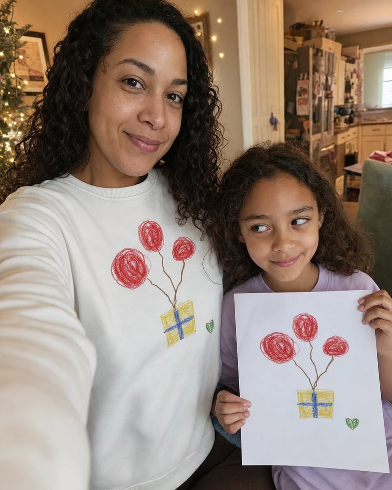 Mom in a white sweatshirt printed with a kid's balloon drawing, next to the paper original